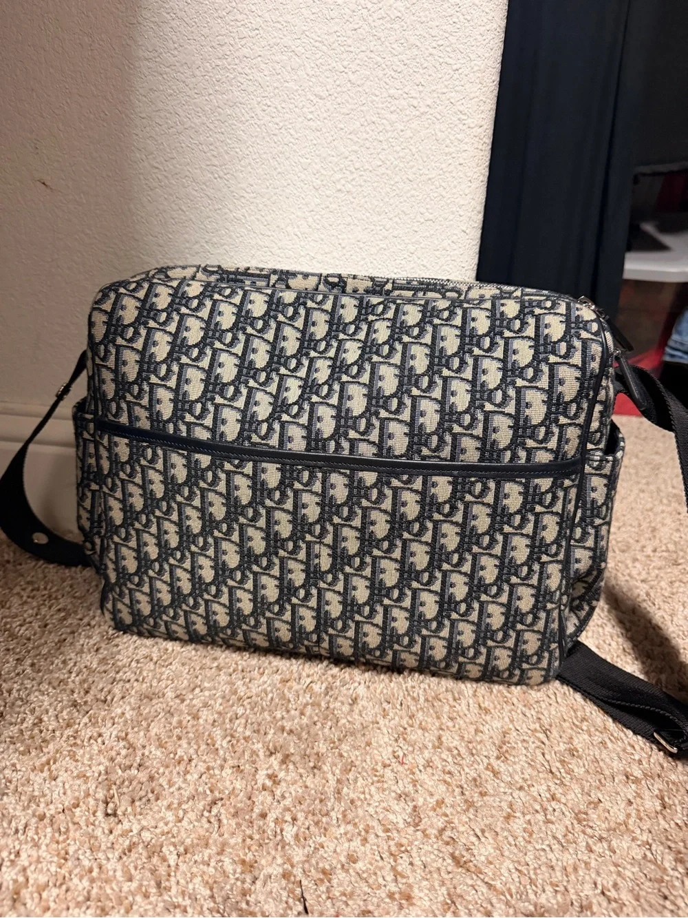 Dior Oblique Messenger Bag in Navy and Beige with Black Strap